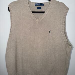 Polo Ralph Lauren Mens Size XL Beige Tan Dark Green Pony V-Neck Sweater Vest
